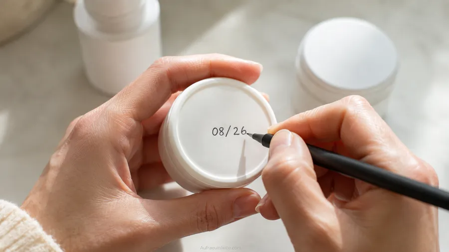 Nahaufnahme einer Hand, die mit einem feinen Stift ein Datum auf den Boden eines Cremetiegels schreibt