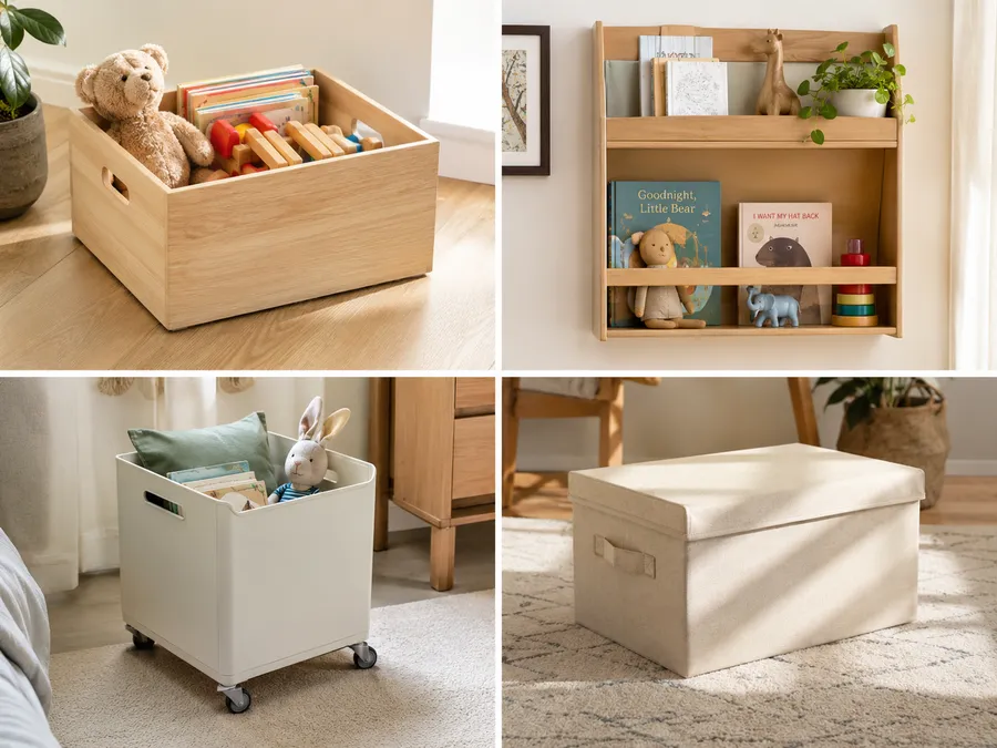 Aufbewahrungssysteme im Vergleich fürs Kinderzimmer: offene Boxen, Wandregale, Rollcontainer und Spielzeugkisten