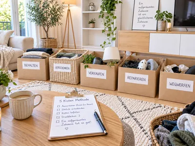 Fünf beschriftete Kisten mit Behalten, Verschenken, Verkaufen, Reparieren und Wegwerfen neben einer handschriftlichen Checkliste zur 5-Kisten-Methode