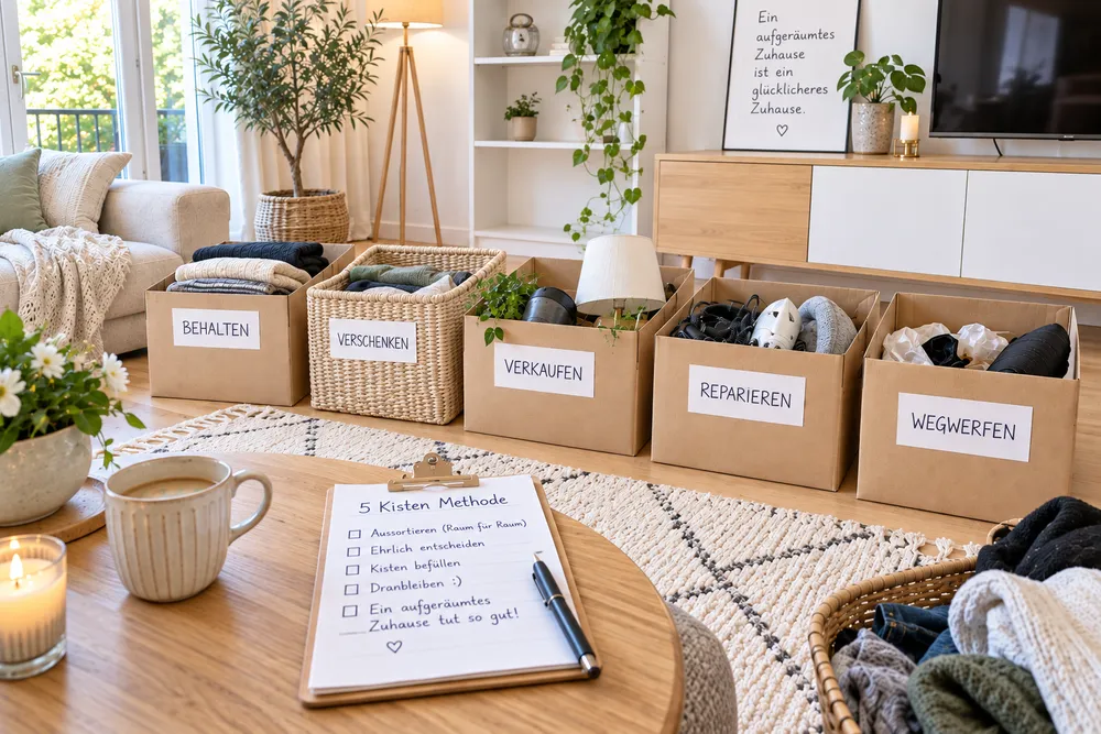 Fünf beschriftete Kisten mit Behalten, Verschenken, Verkaufen, Reparieren und Wegwerfen neben einer handschriftlichen Checkliste zur 5-Kisten-Methode