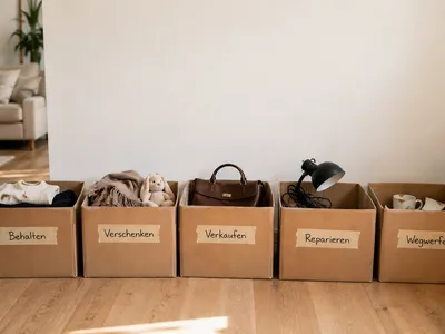 Vorher-Nachher-Vergleich beim Ausmisten: unordentlicher Kleiderstapel und fünf beschriftete Sortierboxen nach der 5-Kisten-Methode