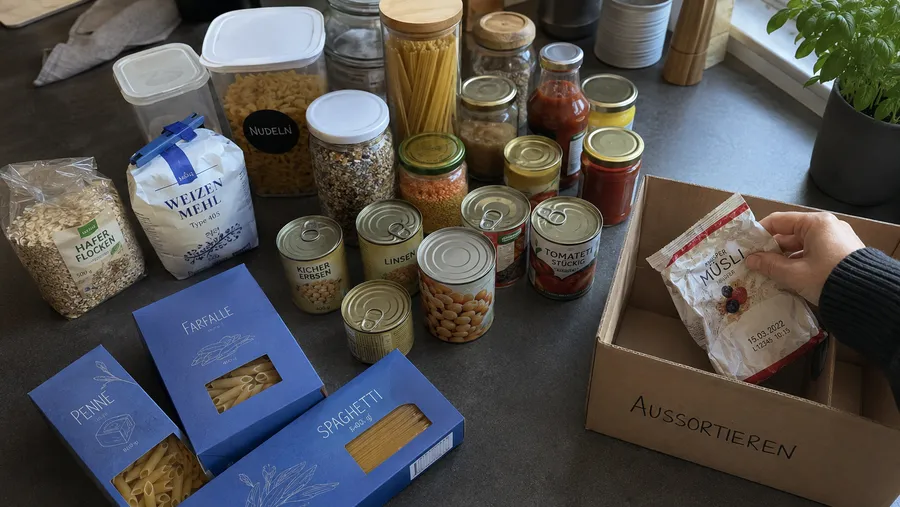 Draufsicht auf eine Arbeitsfläche mit ausgebreiteten Vorratsprodukten, eine Hand legt eine abgelaufene Packung in einen Karton