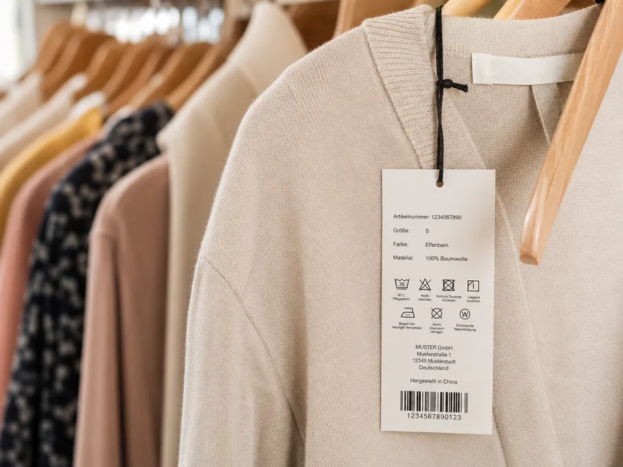 Nahaufnahme eines Kleidungsstücks mit noch angehängtem Preis- oder Pflegeetikett im Schrank