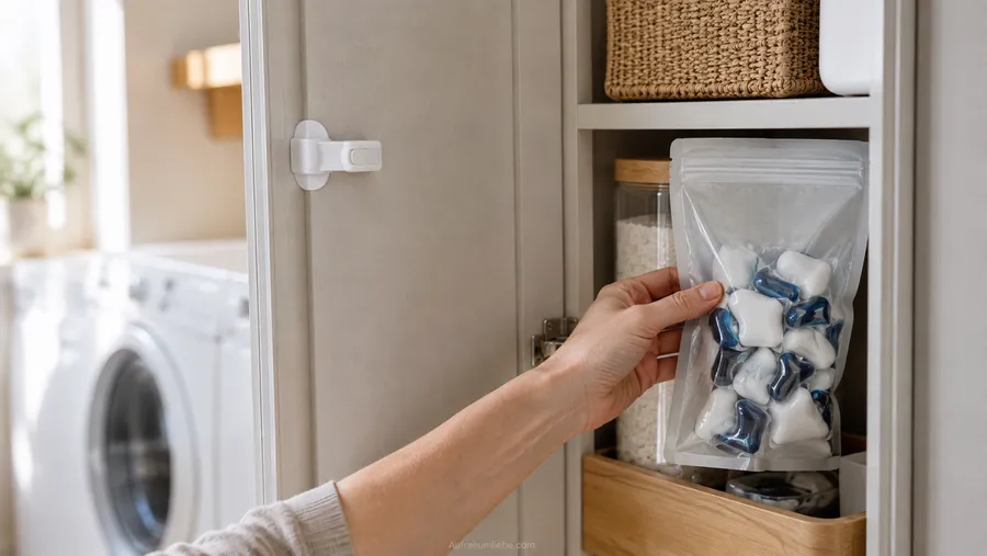 Nahaufnahme einer Hand, die eine Packung Waschmittelkapseln in einen Schrank mit sichtbarem kleinem Kindersicherungsschloss stellt