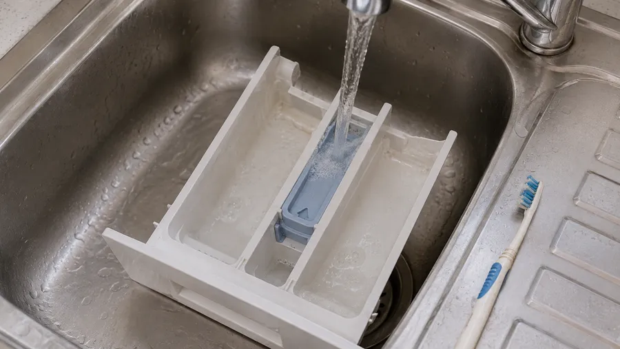 Herausgezogene Waschmittelschublade liegt in einem Waschbecken unter fließendem Wasser, sichtbare Kalk- und Waschmittelrückstände in den Fächern