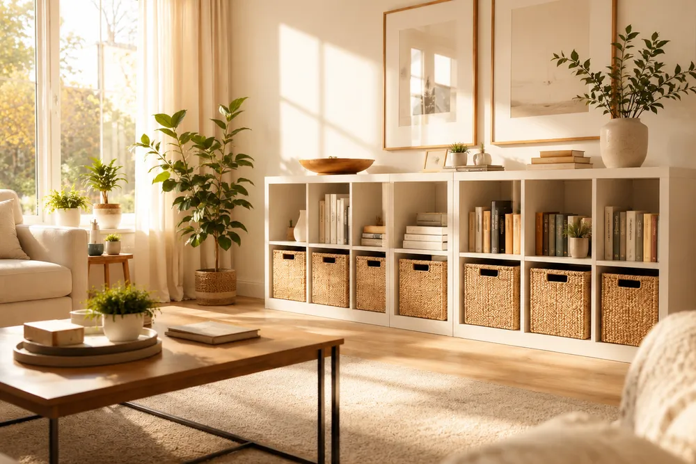 Halb ausgeräumter Kleiderschrank mit gefalteten Kleidungsstapeln und einem Spendenkarton auf hellem Holzboden