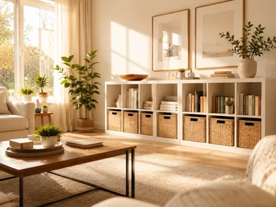 Halb ausgeräumter Kleiderschrank mit gefalteten Kleidungsstapeln und einem Spendenkarton auf hellem Holzboden