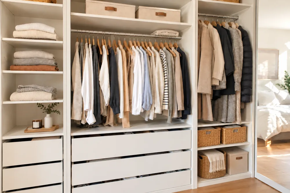 Vollständig organisierter begehbarer Kleiderschrank mit gehängter Kleidung, gefalteten Stapeln auf offenen Regalböden und geflochtenen Aufbewahrungsboxen