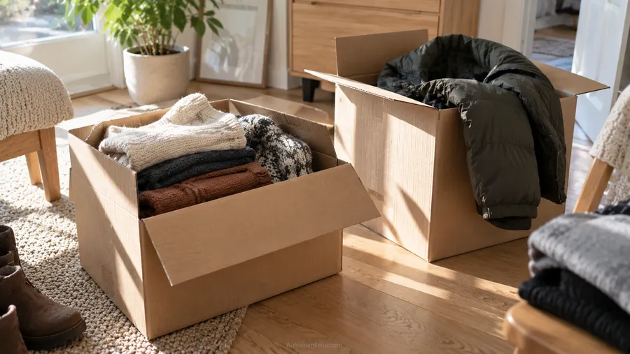Zwei offene Kartons auf dem Boden, einer teilweise gefüllt mit gefalteten Pullovern, im anderen liegt eine Jacke locker über dem Rand