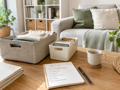 Notizbuch mit handschriftlicher 80/20-Checkliste für Kleidung, Küche, Wohnzimmer, Bad und Schlafzimmer auf einem Couchtisch neben Aufbewahrungsboxen