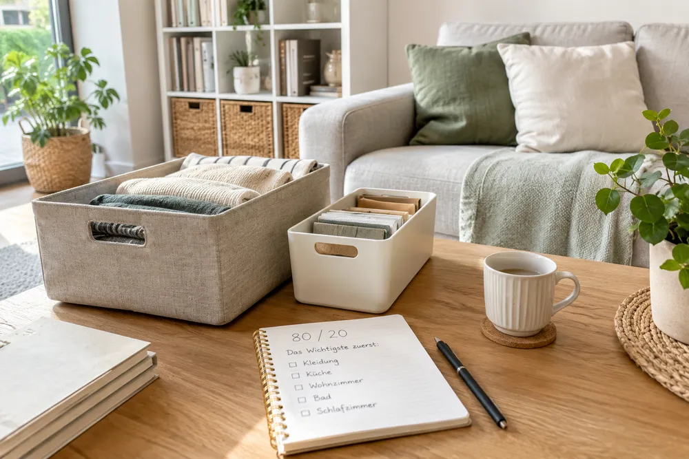 Notizbuch mit handschriftlicher 80/20-Checkliste für Kleidung, Küche, Wohnzimmer, Bad und Schlafzimmer auf einem Couchtisch neben Aufbewahrungsboxen