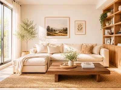 Wohnzimmer organisieren: aufgeräumter Raum mit beigem Sofa, Couchtisch aus Walnussholz, Jute-Teppich und offenen Wandregalen als Einrichtungsidee