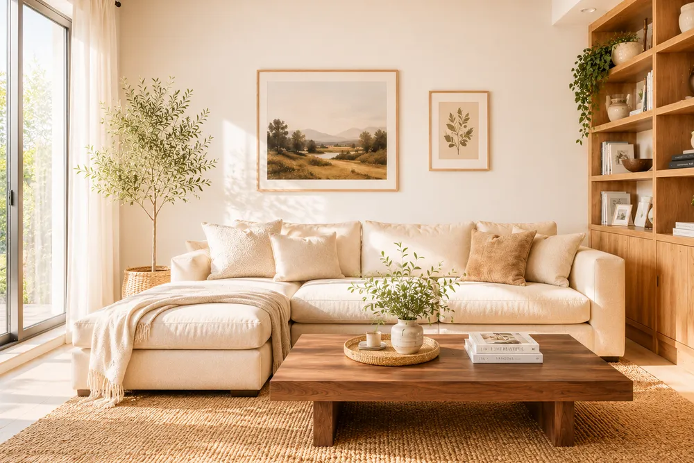 Wohnzimmer organisieren: aufgeräumter Raum mit beigem Sofa, Couchtisch aus Walnussholz, Jute-Teppich und offenen Wandregalen als Einrichtungsidee