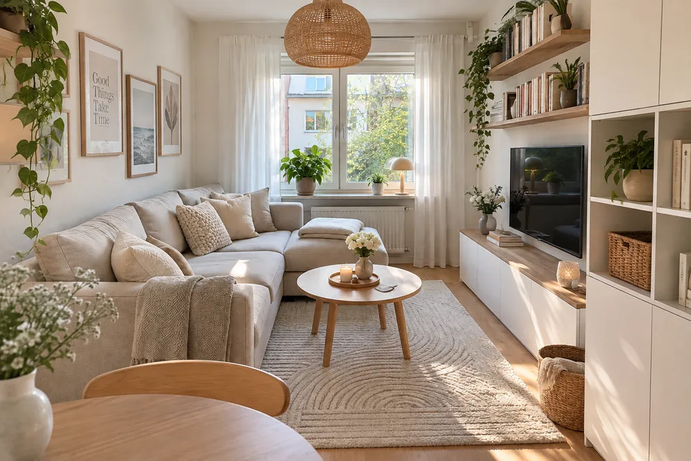 Wohnzimmer organisieren: aufgeräumter Raum mit beigem Ecksofa, rundem Couchtisch, hellem Teppich und offenen Wandregalen mit Büchern und Pflanzen als Einrichtungsidee