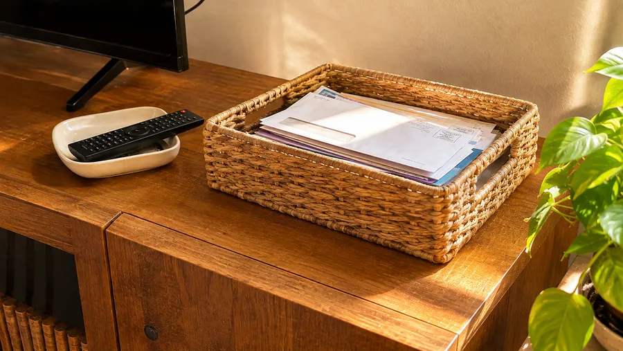 Holz-Sideboard mit einem geflochtenen Aufbewahrungskorb für Post und einer kleinen Keramikschale für die Fernbedienung