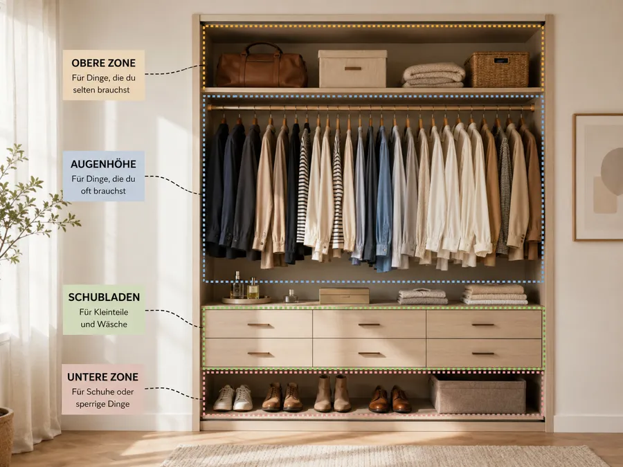 Kleiderschrank mit farbig markierten Zonen: obere Zone, Augenhöhe, Schubladen und untere Zone