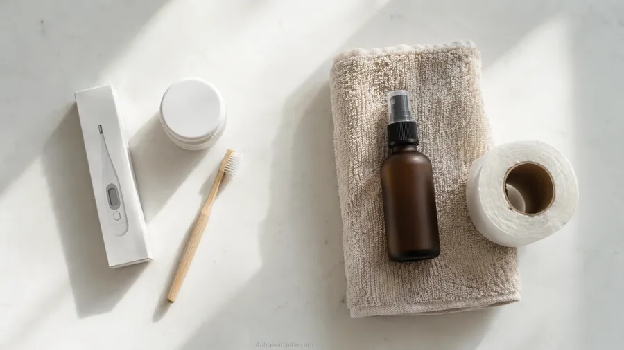 Flat-Lay auf einer weißen Waschtischablage, links gruppierte kleine Gegenstände wie Medikamentenschachtel, Cremetiegel und Zahnbürste, rechts gefaltetes Handtuch und Toilettenpapier